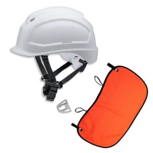 UVEX Schutzhelm pheos S-KR EN 397- Vormontierter 4-Punkt Kinnriemen und Vollsichtbrillenclip + Nackenschutz orange mit BG Bau Förderung