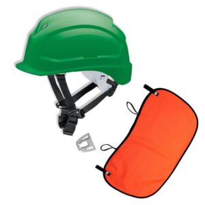 UVEX Schutzhelm pheos S-KR EN 397- Vormontierter 4-Punkt Kinnriemen und Vollsichtbrillenclip + Nackenschutz orange mit BG Bau Förderung
