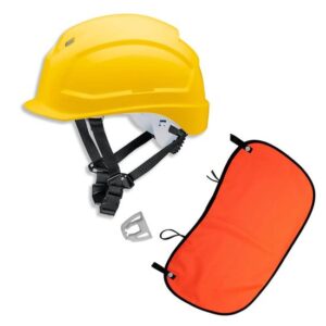 UVEX Schutzhelm pheos S-KR EN 397- Vormontierter 4-Punkt Kinnriemen und Vollsichtbrillenclip + Nackenschutz orange mit BG Bau Förderung