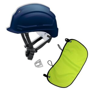 UVEX Schutzhelm pheos S-KR EN 397 - Vormontierter 4-Punkt Kinnriemen und Vollsichtbrillenclip + Nackenschutz gelb mit BG Bau Förderung