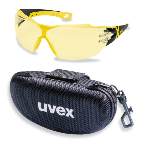 UVEX Schutzbrille pheos cx2 9198285 schwarz / gelb / amber mit UV-Schutz im Set inkl. Brillenetui - leichte und sportliche Sicherheitsbrille, Arbeitsschutzbrille - kratzfest, beschlagfrei, chemikalienbeständig – Bild 2