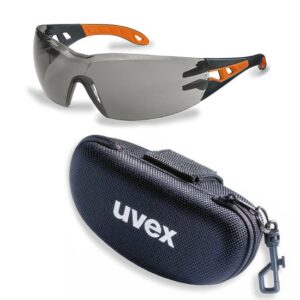uvex Schutzbrille pheos supravision excellence grau schwarz/orange im Set inkl. Brillenetui, Sicherheitsbrille, Arbeitsschutzbrille
