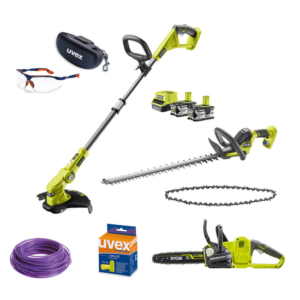 RYOBI Akku-Rasentrimmer-Set inkl. Heckenschere, Kettensäge und Akku-Set, Freischneider-Set, 18V 4Ah