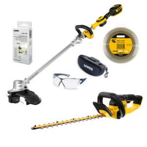DeWALT UVEX Gartenpflege-Set, Rasentrimmer, Heckenschere, Trimmerfaden, Schutzbrille + Brillenetui, Gehörschutz 18 V