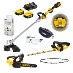 DeWALT UVEX Gartenpflege-Set Rasentrimmer, Heckenschere, Kettensäge, Trimmer-Faden, Schutzbrille, Gehörschutz, 18V