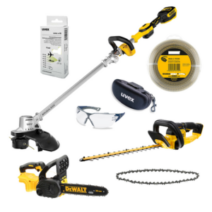 DeWALT UVEX Gartenpflege-Set Rasentrimmer, Heckenschere, Kettensäge, Trimmer-Faden, Schutzbrille, Gehörschutz, 18V