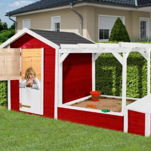 Tabaluga Spielplatz rot/weiss 21 mm bestehend aus Drachenhöhle Sandkasten Pergola und Schatztruhe mit Deckel
