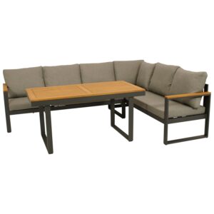 Eck-Diningset Aluminium anthrazit + Akazie, Polster grau, Tisch 140x70cm, mit Liegefunktion