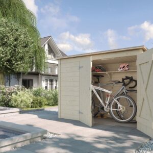 Fahrrad und Mülltonnenbox natur