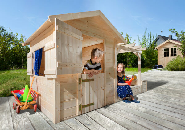 Tabaluga Spielplatz natur 21 mm bestehend aus Drachenhöhle Sandkasten Pergola und Schatztruhe mit Deckel