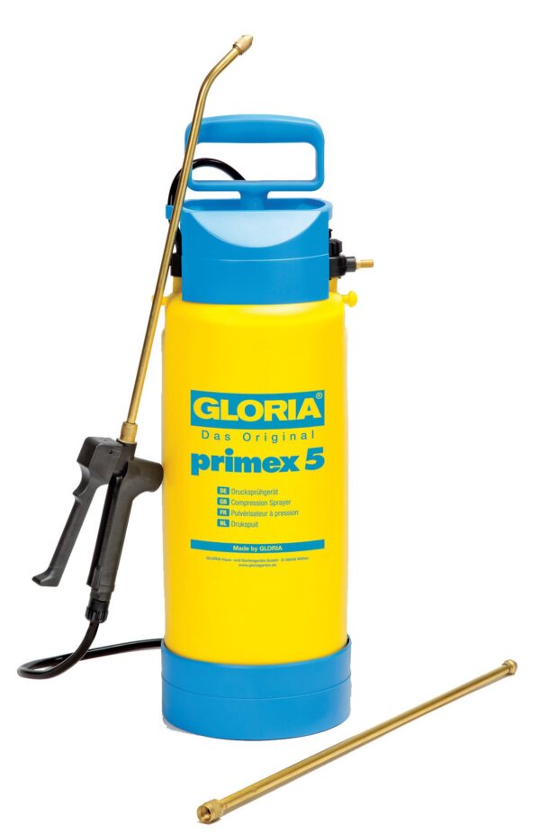 Primex 5 Drucksprühgerät inkl. 0,5m Messing-Verlängerung, Fußring u. Kompressoranschluss