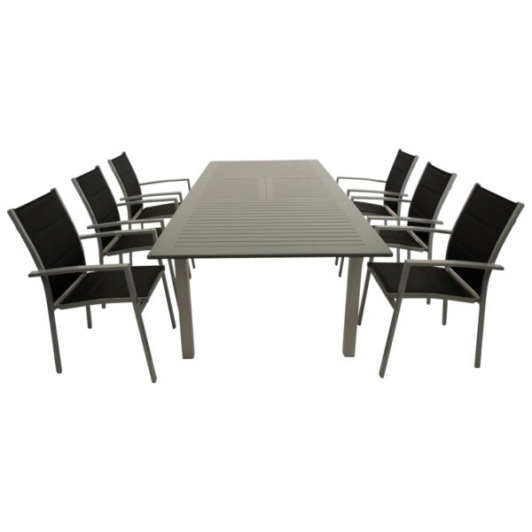 Garnitur 7-teilig, Ausziehtisch + Stapelsessel, Aluminium/Textillehne