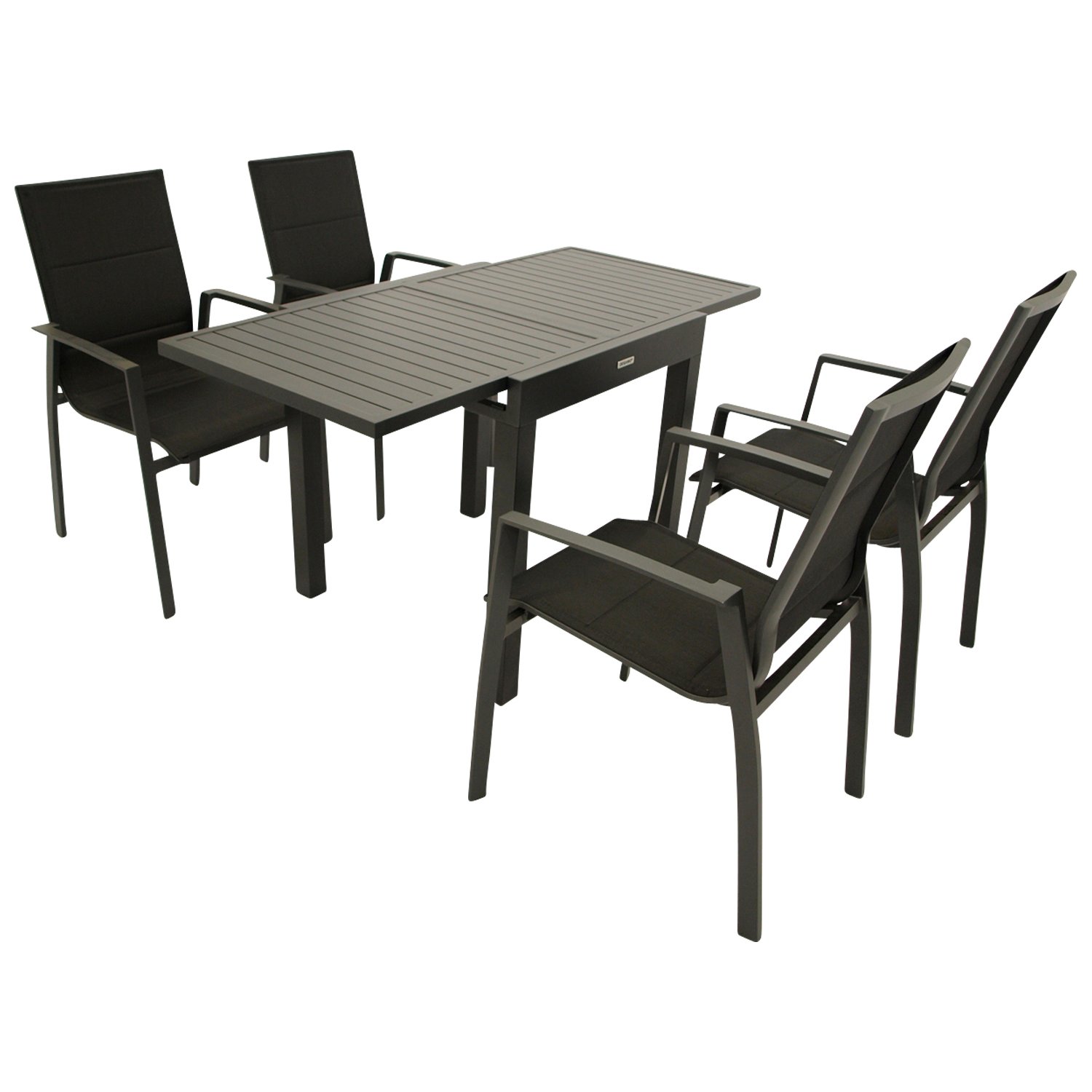 Garnitur 5-teilig, Ausziehtisch + Stapelsessel, Aluminium/Textilene 1 Garnitur 5-teilig, Ausziehtisch + Stapelsessel, Aluminium/Textilene