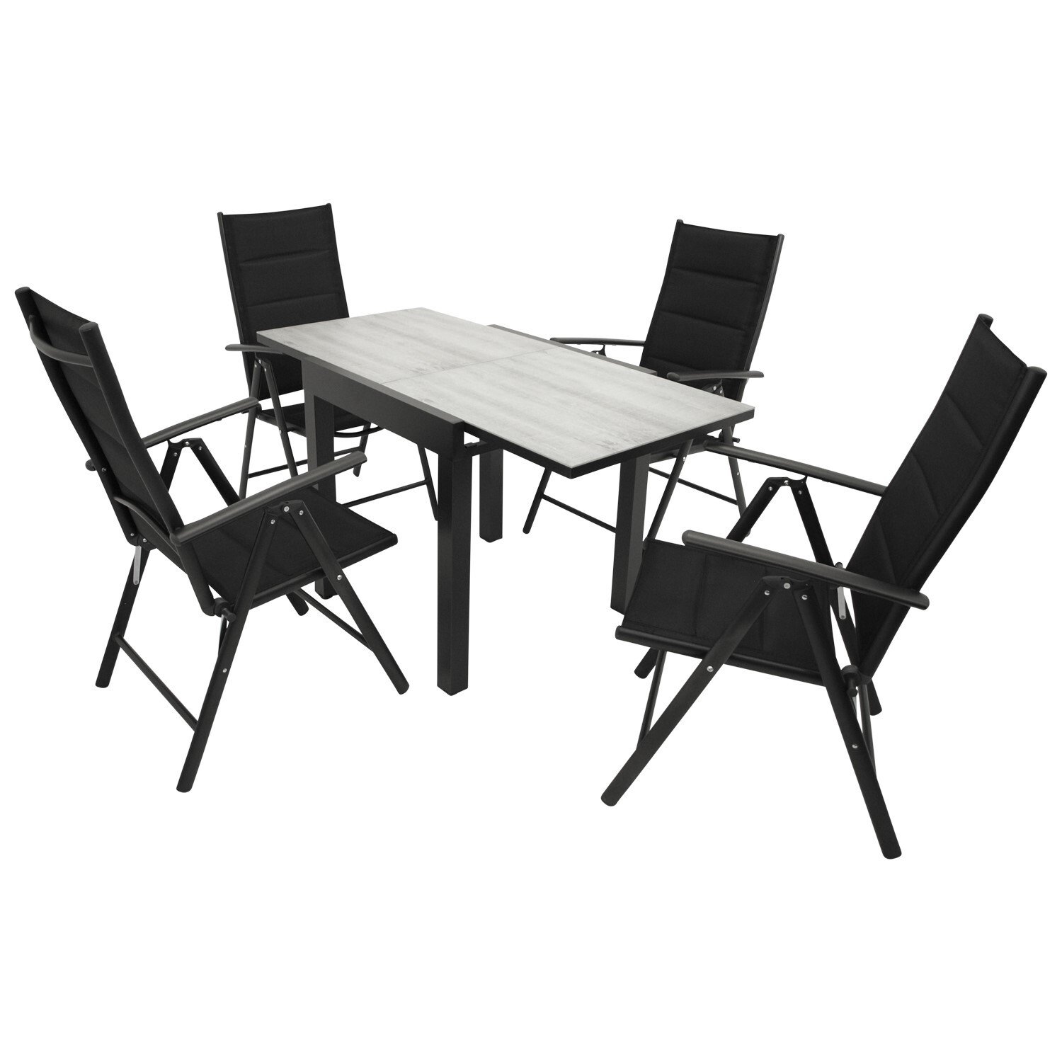 Garnitur 5-teilig, Aluminium, Kunstgewebe schwarz, Glasplatte 1 Garnitur 5-teilig, Aluminium, Kunstgewebe schwarz, Glasplatte