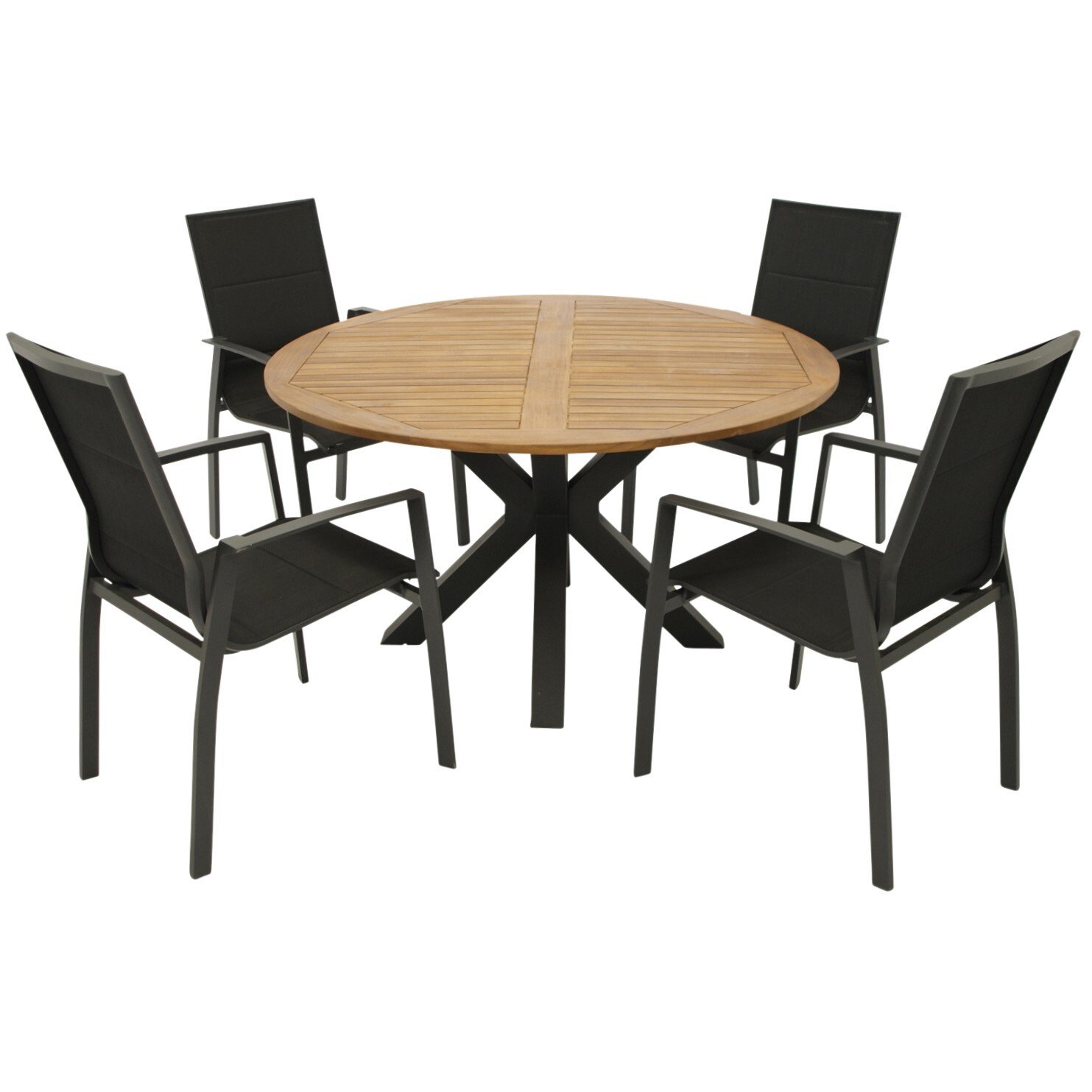 Garnitur 5-teilig, Aluminium/Stahl, Akazie, Kunstgewebe schwarz 1 Garnitur 5-teilig, Aluminium/Stahl, Akazie, Kunstgewebe schwarz