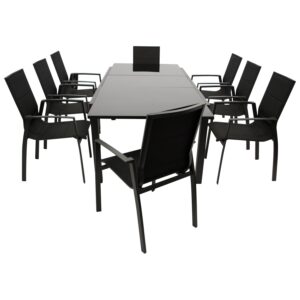 Garnitur 9-teilig, Aluminium, Kunstgewebe schwarz, Glasplatte