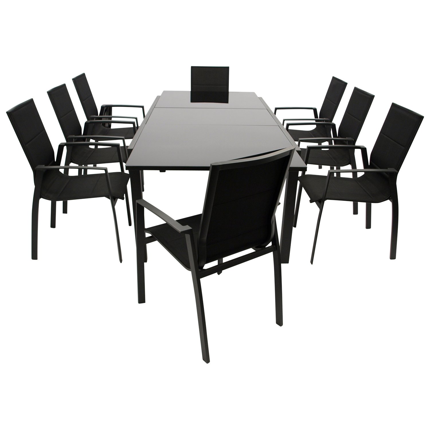 Garnitur 9-teilig, Aluminium, Kunstgewebe schwarz, Glasplatte 1 Garnitur 9-teilig, Aluminium, Kunstgewebe schwarz, Glasplatte