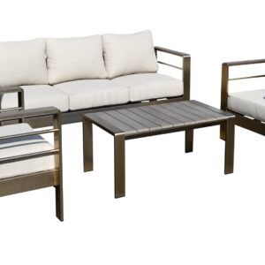 Lounge-Set 4-teilig aus gebürstetem Aluminium, Polster grau, Kunstholz dunkelgrau