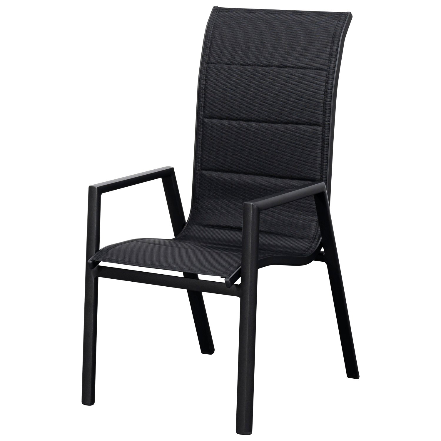 Stapelsessel Hochlehner, Alu anthrazit mit gepolsterter Kunstgewebesitzfläche schwarz, 4-er Set 1 Stapelsessel Hochlehner, Alu anthrazit mit gepolsterter Kunstgewebesitzfläche schwarz, 4-er Set