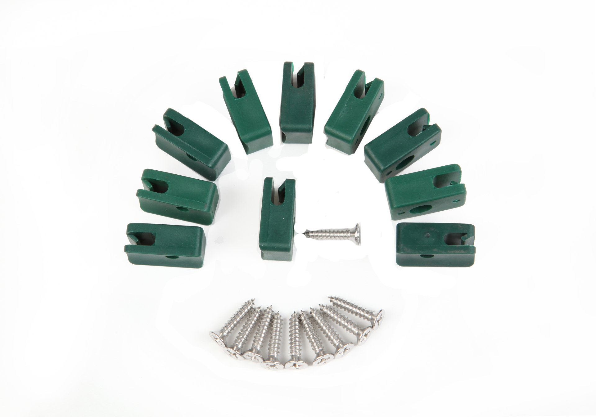 Spanndraht-Halter f. Rundpfosten, 10 Stück, inkl Schrauben, grün 1 Spanndraht-Halter f. Rundpfosten, 10 Stück, inkl Schrauben, grün