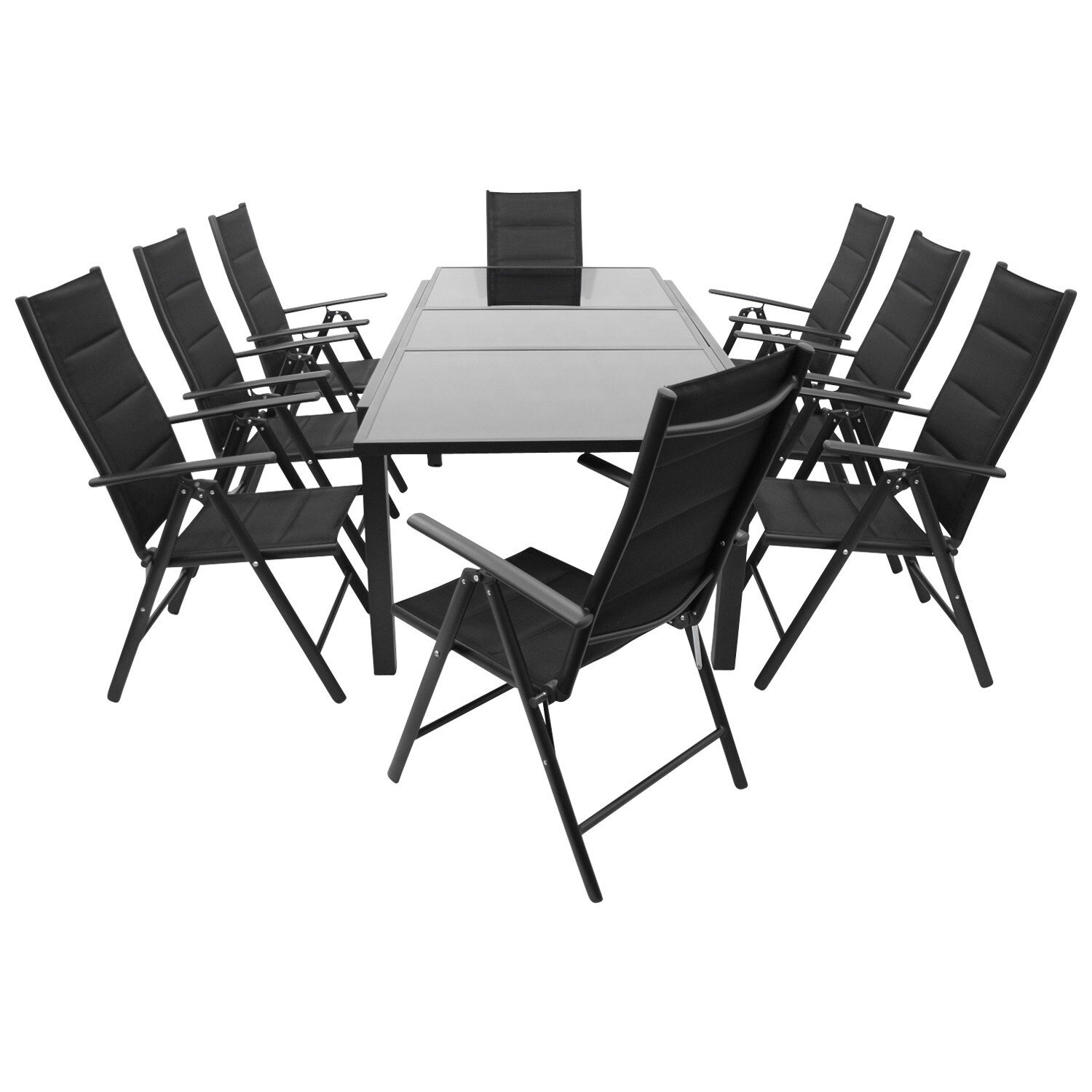 Garnitur 9-teilig, Aluminium, Kunstgewebe schwarz, Glasplatte 1 Garnitur 9-teilig, Aluminium, Kunstgewebe schwarz, Glasplatte