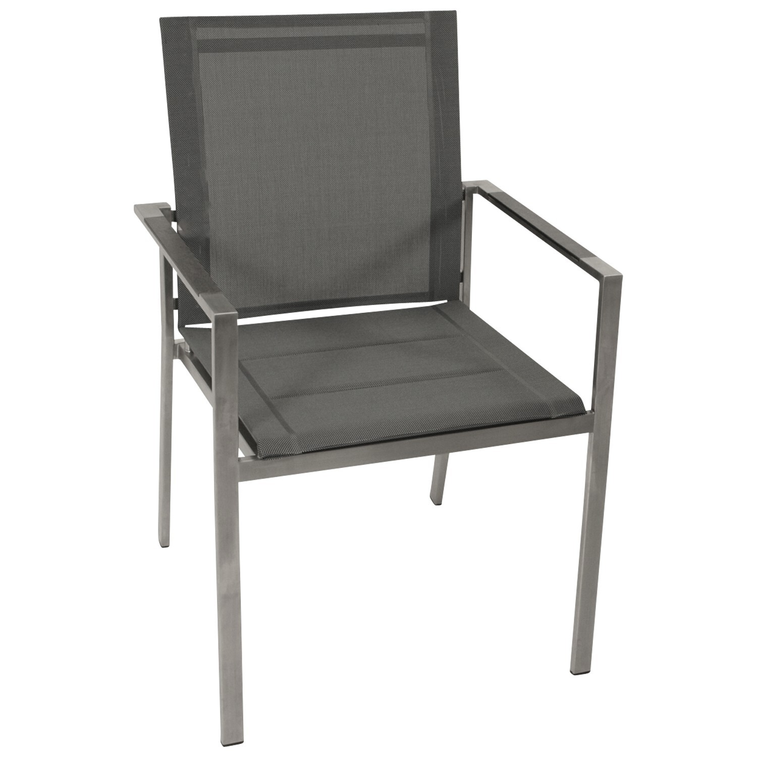 Stapelsessel Edelstahl poliert + Kunstgewebe gepolster anthrazit, Armlehnen Kunstholz grau, 4-er Set