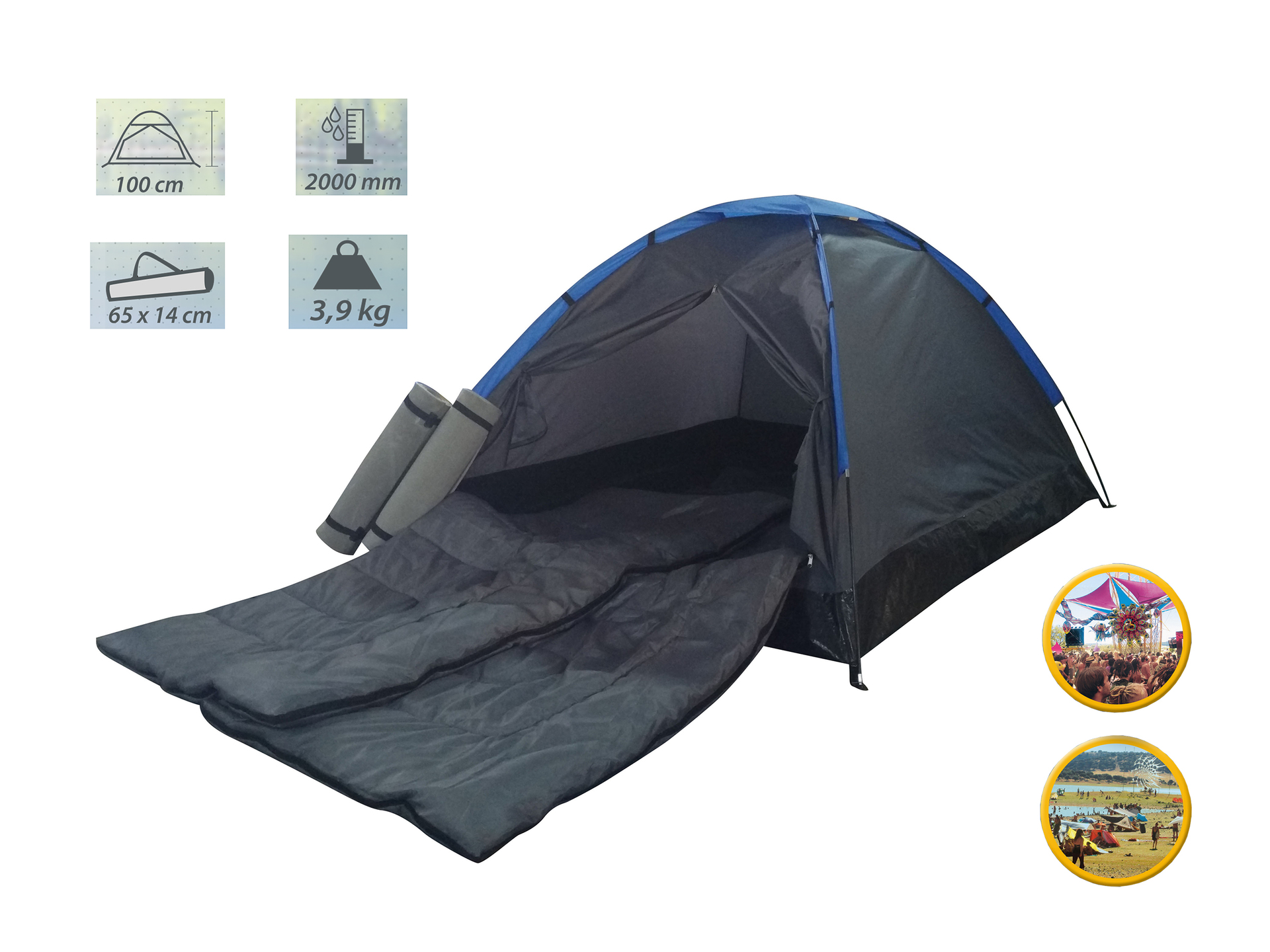 Zelt FESTIVAL, 205x150x105cm, inkl. Isomatten und Schlafsäcken 1 Zelt FESTIVAL, 205x150x105cm, inkl. Isomatten und Schlafsäcken