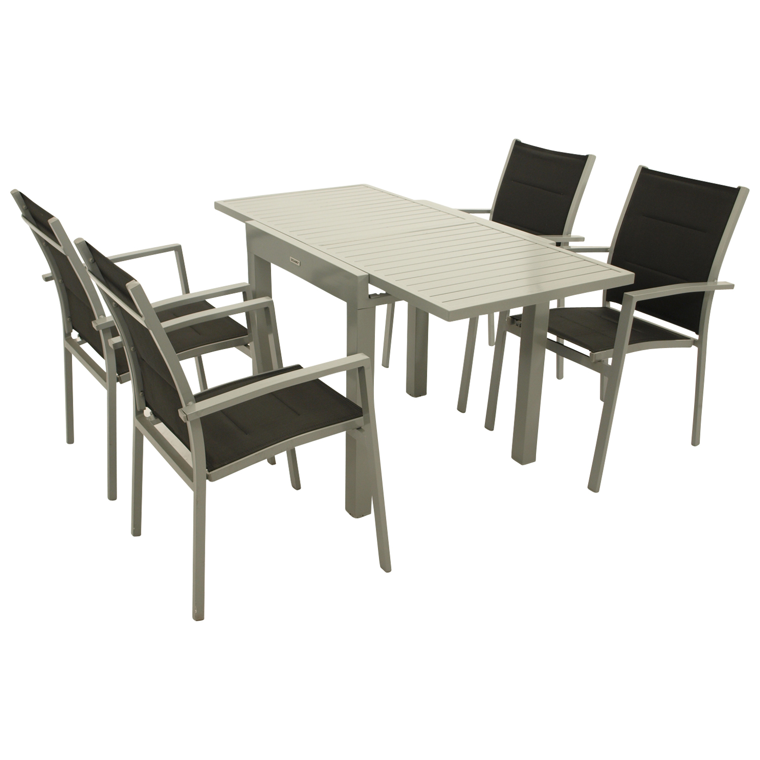 Garnitur 5-teilig, Ausziehtisch + Stapelsessel, Aluminium/Textillehne 1 Garnitur 5-teilig, Ausziehtisch + Stapelsessel, Aluminium/Textillehne