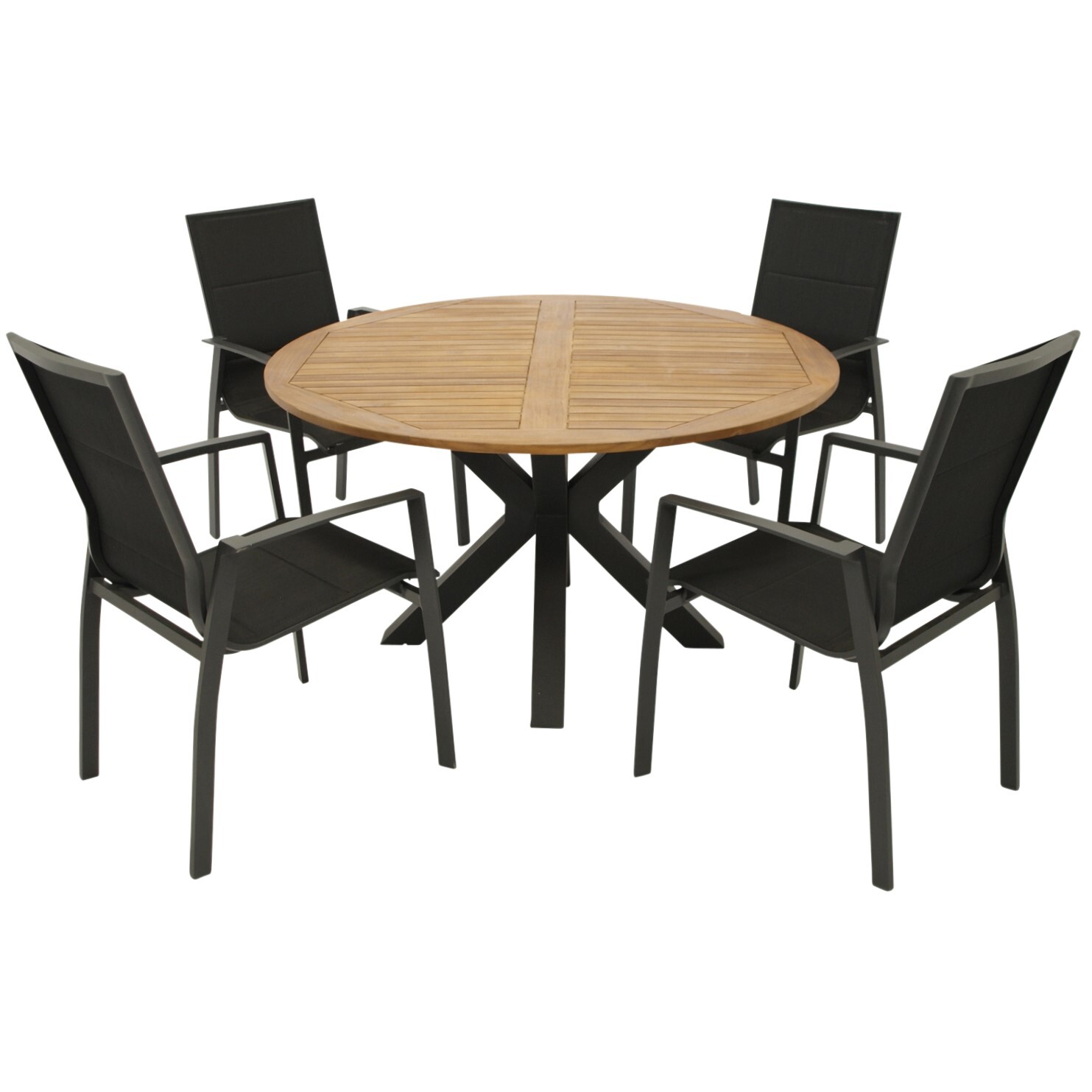 Garnitur 5-teilig, Aluminium/Stahl, Akazie, Kunstgewebe schwarz 1 Garnitur 5-teilig, Aluminium/Stahl, Akazie, Kunstgewebe schwarz