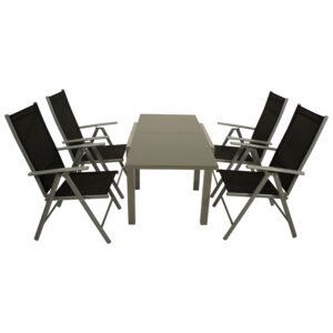 Garnitur 5-teilig, Ausziehtisch + Klappsessel, Aluminium/Textilene/Glas