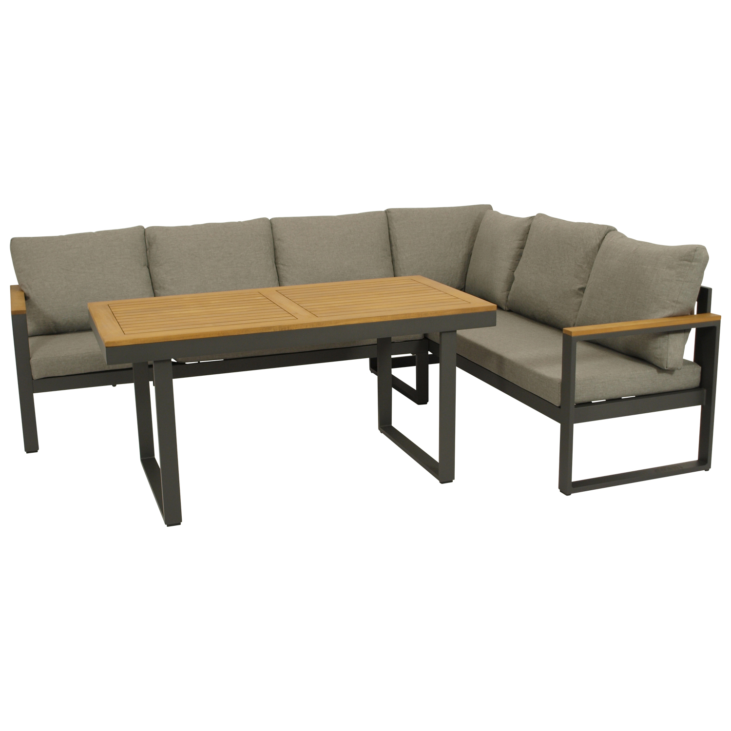 Eck-Diningset Aluminium anthrazit + Akazie, Polster grau, Tisch 140x70cm, mit Liegefunktion