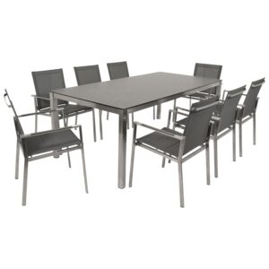 Garnitur 9-teilig, Edelstahl, Kunstgewebe, Tischplatte Glas