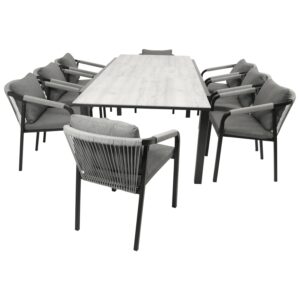 Garnitur 9-teilig, Aluminium, Rope, Tischplatte Glas